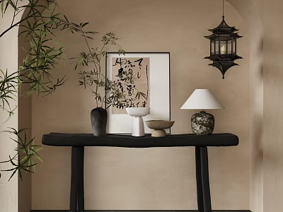 Serene Console Table Scene With Bamboo Decorative Painting Lantern Pendant And Table Lamp 3d model