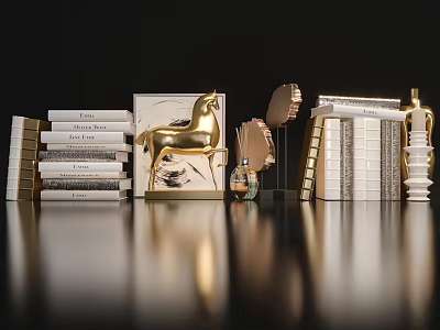 Elegant Decorative Ornament Set With Golden Horse Sculpture Stacked Books And Abstract Art Decor 3d model