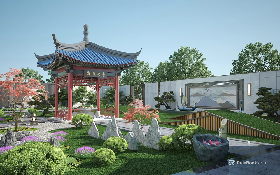 Chinese Style Garden Pavilion with Blue Roof Red Pillars and Surrounding Greenery Rock Formations 3d model 