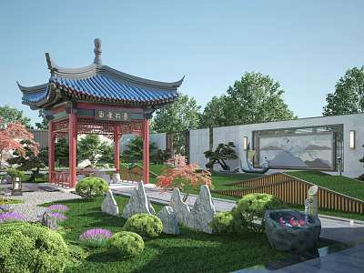 Chinese Style Garden Pavilion with Blue Roof Red Pillars and Surrounding Greenery Rock Formations 3d model
