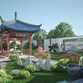 Chinese Style Garden Pavilion with Blue Roof Red Pillars and Surrounding Greenery Rock Formations