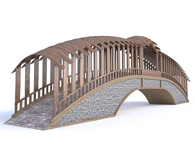 Traditional Wooden Arch Bridge Featuring Stone Base And Curved Roof Railings 3d model