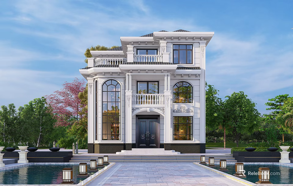 Elegant Detached Villa Exterior Design with Stone Balcony Large Windows and Front Pool Garden 3d model 