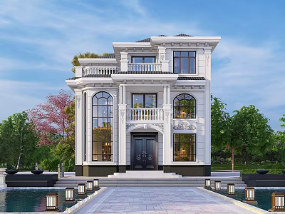 Elegant Detached Villa Exterior Design with Stone Balcony Large Windows and Front Pool Garden 3d model