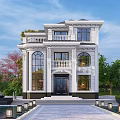 Elegant Detached Villa Exterior Design with Stone Balcony Large Windows and Front Pool Garden