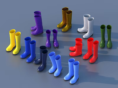 Colorful Rain Boots In Various Colors Including Yellow Blue Purple Gold White Green And Red 3d model