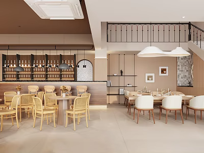 Warm Modern Restaurant Interior With Wooden Tables Chairs Pendant Lights Wine Rack And Staircase 3d model