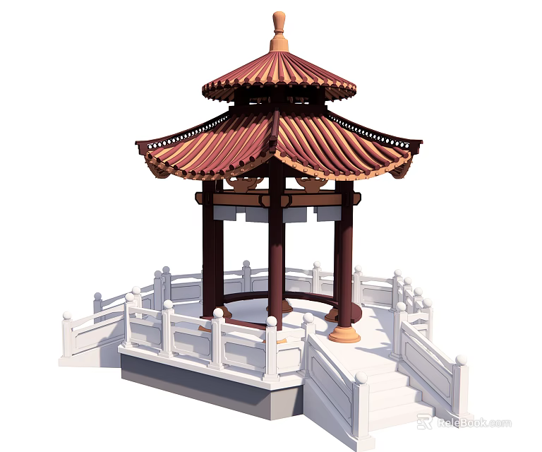 Traditional Chinese Pavilion With Red Roof Multi Layered Eaves And White Railings 3d model 