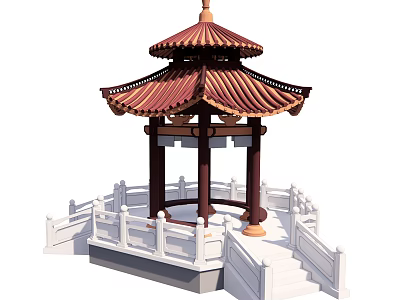 Traditional Chinese Pavilion With Red Roof Multi Layered Eaves And White Railings 3d model