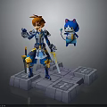 Orange Haired Character in Blue Armor Holding Swords with Blue Cat Creature on Stone Platform