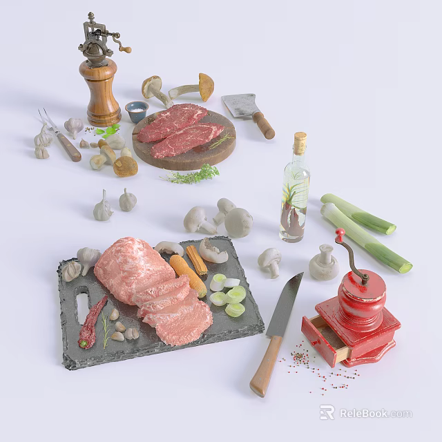 Fresh Raw Meat and Vegetables with Herbs Olive Oil and Kitchen Tools 3d model 