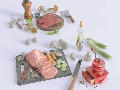 Fresh Raw Meat and Vegetables with Herbs Olive Oil and Kitchen Tools 3d model