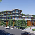 Multi Storey Building With Green Roof Curved Design Surrounding Trees And Nearby Tall Building