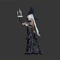 Elaborate Black Feather Gown Costume With Decorative Headdress And Scepter Like Object For Theatrical Performance