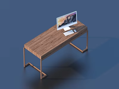 Modern Wooden Desk with Metal Frame and Computer Monitor Keyboard Mouse 3d model