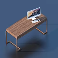 Modern Wooden Desk with Metal Frame and Computer Monitor Keyboard Mouse