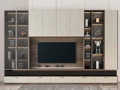 Modern TV Wall Cabinet Design With LED Lights Open Shelves And Drawers 3d model