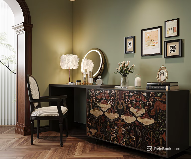 Elegant Dressing Table With Decorative Patterned Cabinet Mirror Table Lamp Flower Vase And Wall Paintings 3d model 