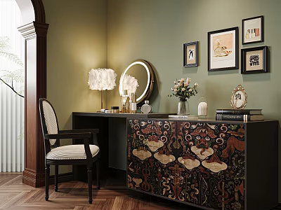 Elegant Dressing Table With Decorative Patterned Cabinet Mirror Table Lamp Flower Vase And Wall Paintings 3d model