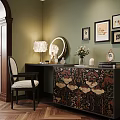 Elegant Dressing Table With Decorative Patterned Cabinet Mirror Table Lamp Flower Vase And Wall Paintings