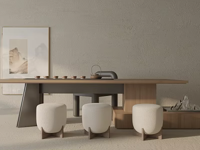 Modern Minimalist Wooden Tea Table With White Padded Stools And Tea Set 3d model