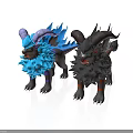 Blue And Black Horned Mythical Creatures With Spiky Manes Standing Together
