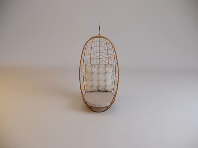 Stylish Oval Shaped Rattan Hanging Chair With White Cushion For Indoor Outdoor 3d model