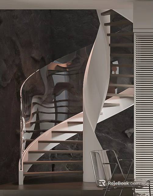 Modern Spiral Staircase Interior Design With Glass Railing Metal Structure And Elegant Marble Wall 3d model 