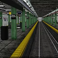 Modern Times Square Subway Station Platform With Green Pillars Yellow Safety Lines And Train Tracks