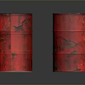 Two Old Red Rusted Worn Metal Industrial Drums With Damaged Surfaces
