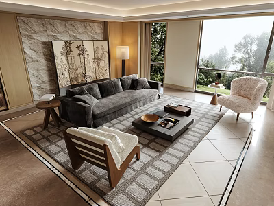Modern Living and Dining Room Open Concept with Gray Sofa Beige Armchair Marble Accent Wall 3d model