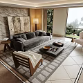Modern Living and Dining Room Open Concept with Gray Sofa Beige Armchair Marble Accent Wall