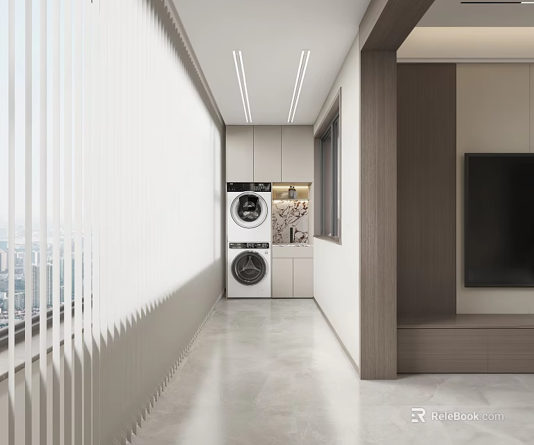 Home Balcony Featuring White Vertical Blinds Stacked Washer Dryer Storage Cabinets and Gray Floor 3d model 