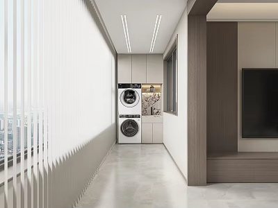 Home Balcony Featuring White Vertical Blinds Stacked Washer Dryer Storage Cabinets and Gray Floor 3d model
