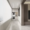 Home Balcony Featuring White Vertical Blinds Stacked Washer Dryer Storage Cabinets and Gray Floor