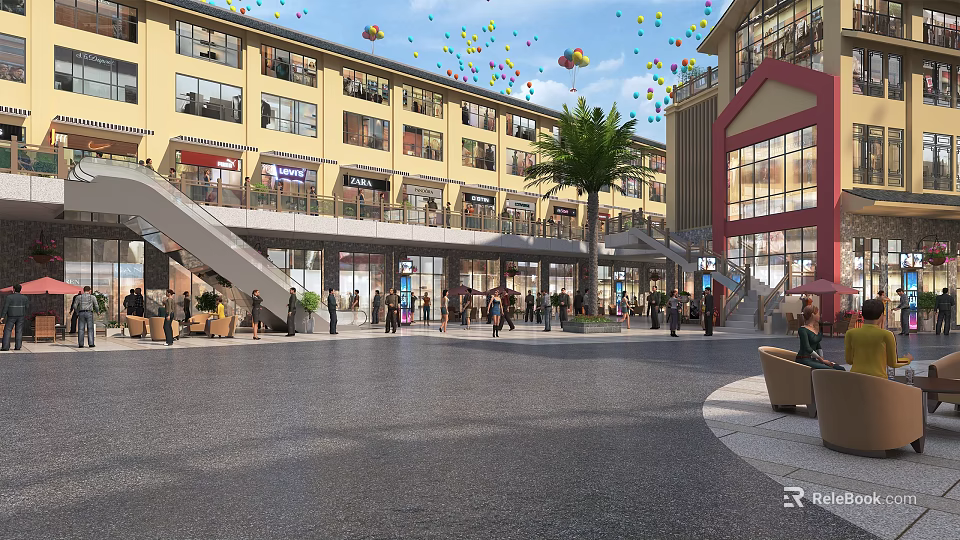 Lively Commercial Street With Multi Story Buildings Shops Plaza People Walking Colorful Balloons And Staircases 3d model 