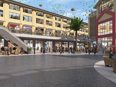 Lively Commercial Street With Multi Story Buildings Shops Plaza People Walking Colorful Balloons And Staircases 3d model