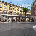 Lively Commercial Street With Multi Story Buildings Shops Plaza People Walking Colorful Balloons And Staircases