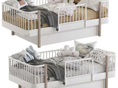 White Wooden Baby Crib With Soft Bedding Stuffed Toys And Comfortable Pillows 3d model