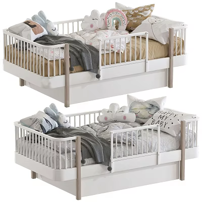 White Wooden Baby Crib With Soft Bedding Stuffed Toys And Comfortable Pillows 3d model