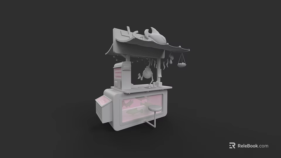 Japanese Restaurant Stall Design With Traditional Awning Hanging Fish And Wooden Counter 3d model 