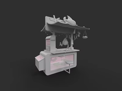 Japanese Restaurant Stall Design With Traditional Awning Hanging Fish And Wooden Counter 3d model