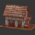 Traditional Thatch Roof House On Stone Pillars With Wooden Staircase And Green Grass