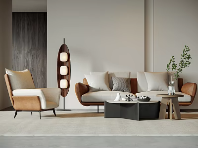Modern Sofa And Coffee Table Set With Beige Pillows Armchair Floor Lamp And Green Plant 3d model