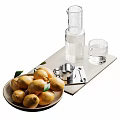 Decorative Ornaments Set With Metal Cups White Ornament Books and Fruits on Wooden Shelves