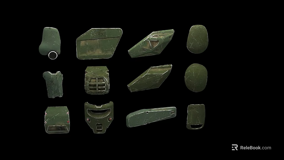 Green Military Weapon Parts Including Armored Plates And Various Shell Shapes 3d model 