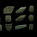 Green Military Weapon Parts Including Armored Plates And Various Shell Shapes
