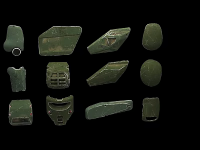 Green Military Weapon Parts Including Armored Plates And Various Shell Shapes 3d model
