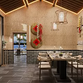 Traditional Chinese Private Dining Room With Wooden Table Chairs And Brick Wall Decorations
