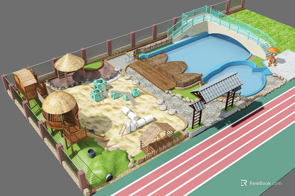 Outdoor Playground Equipment Featuring Pool Sandpit Track Slides and Thatched Huts 3d model 